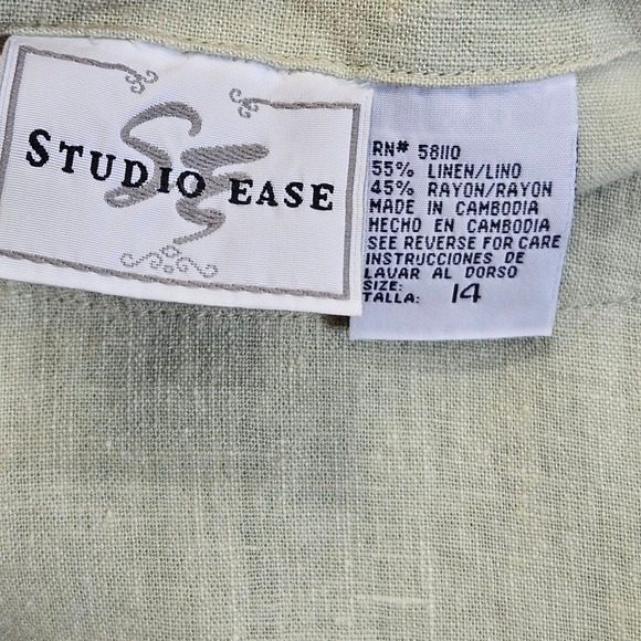 Studio Ease Linen Maxi Dress Peasant Garden Green Pocketed Button Vintage 90s 14 - Picture 3 of 10